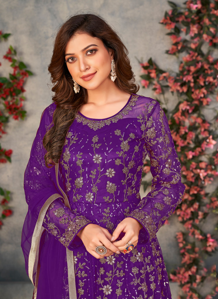 Purple Designer Heavy Embroidered Net Party Wear Anarkali Gown-Saira's Boutique