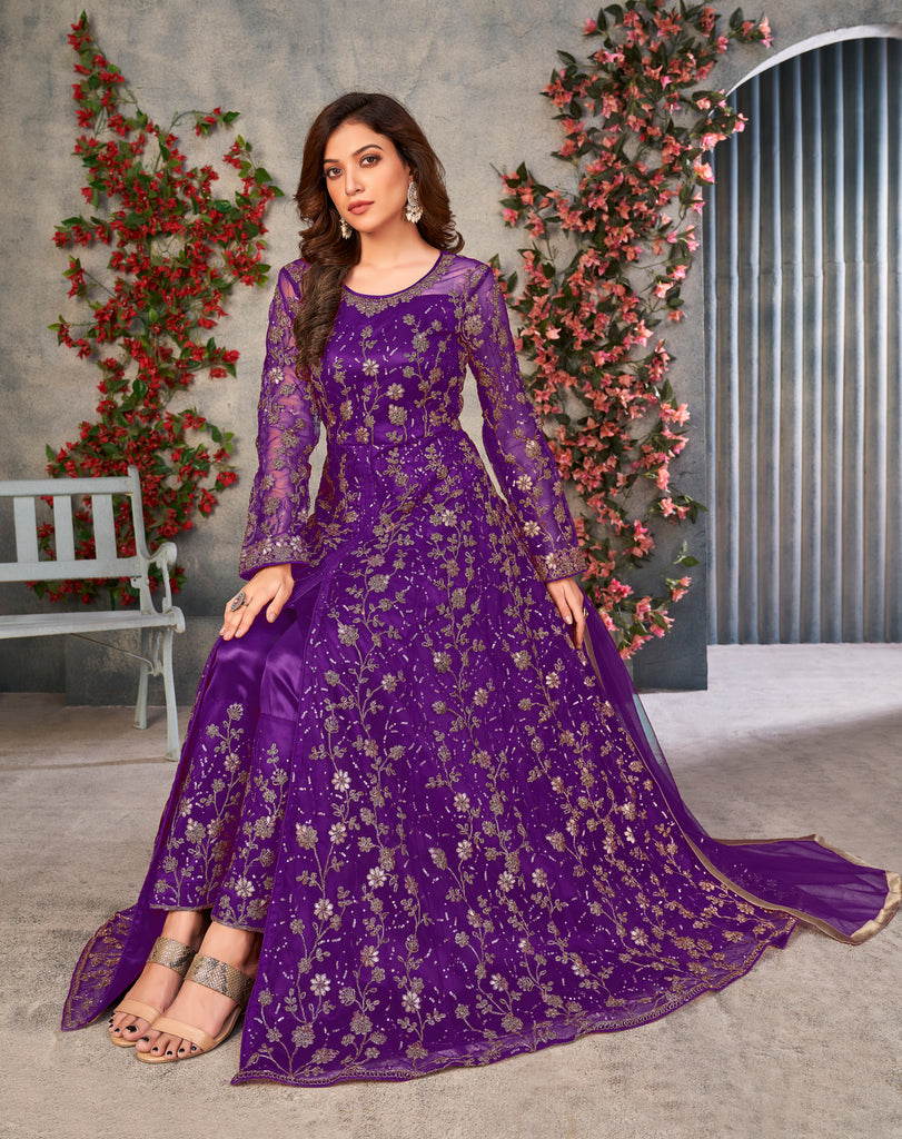Purple Designer Heavy Embroidered Net Party Wear Anarkali Gown-Saira's Boutique