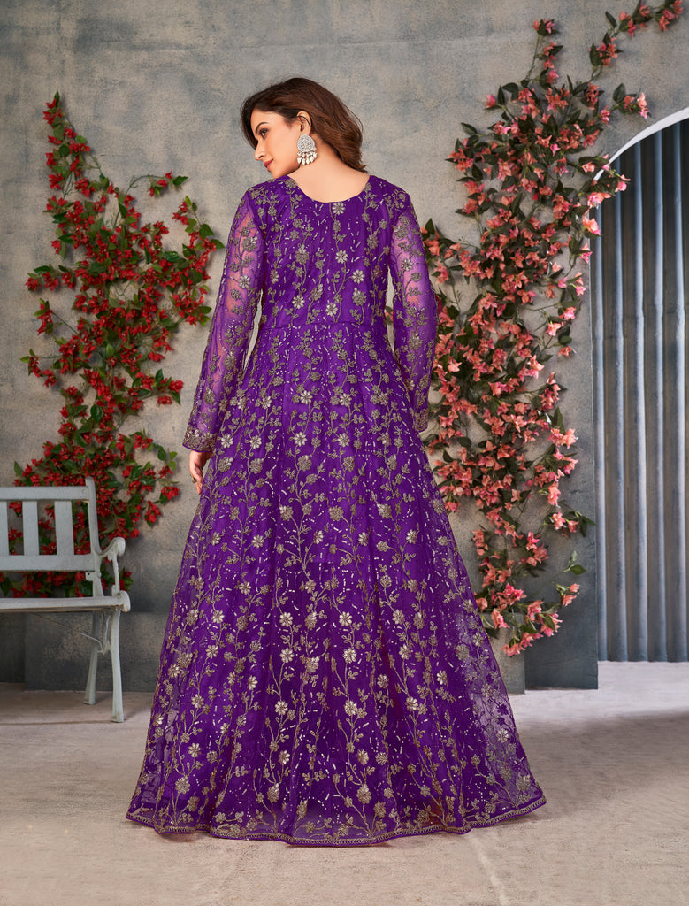 Purple Designer Heavy Embroidered Net Party Wear Anarkali Gown-Saira's Boutique