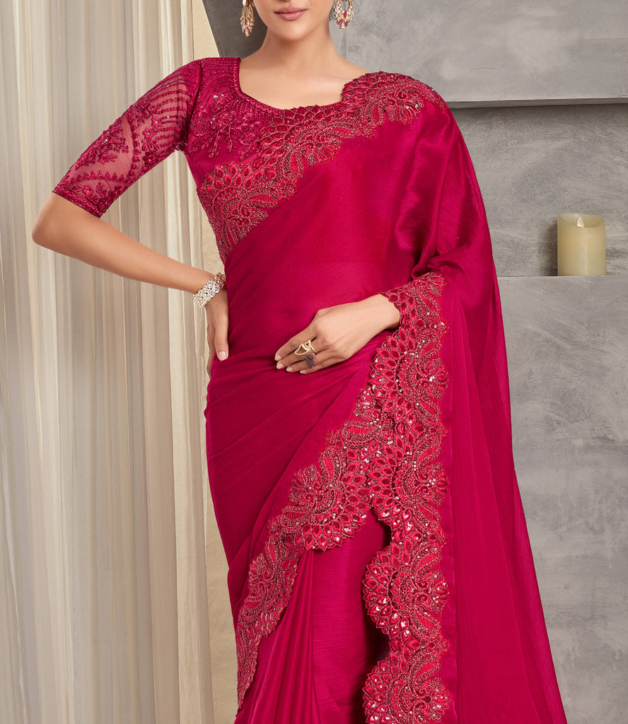 Raspberry Red Designer Embroidered Satin Chiffon Party Wear Saree-Saira's Boutique