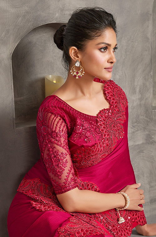 Raspberry Red Designer Embroidered Satin Chiffon Party Wear Saree-Saira's Boutique