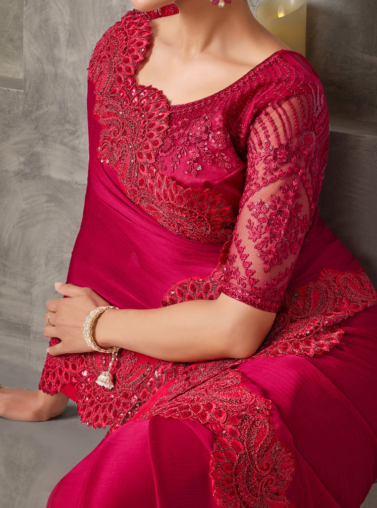 Raspberry Red Designer Embroidered Satin Chiffon Party Wear Saree-Saira's Boutique