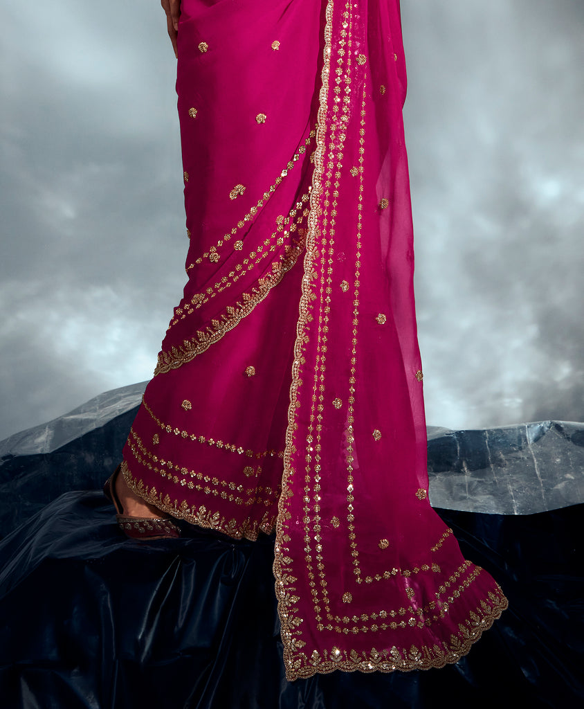 Royal Magenta Designer Embroidered Tissue Organza Wedding Party Wear Saree-Saira's Boutique
