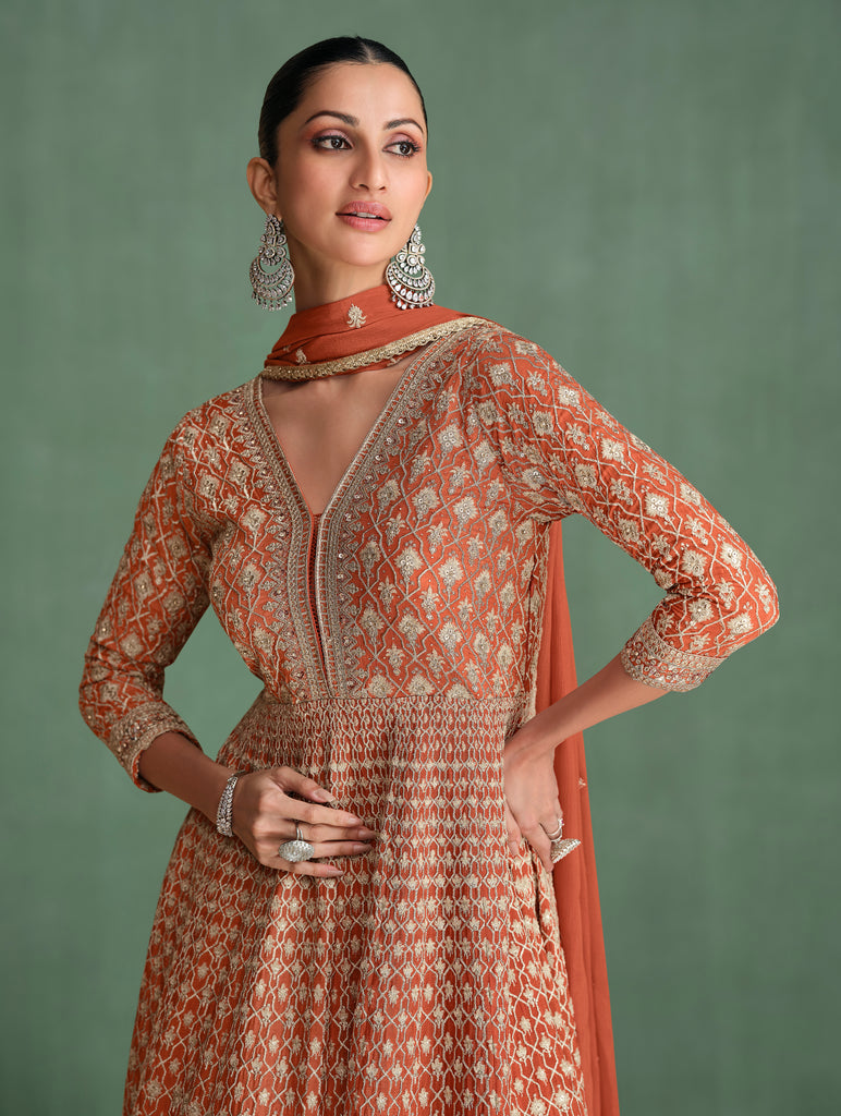 Rust Brown Designer Embroidered Pure Georgette Anarkali Gown-Saira's Boutique