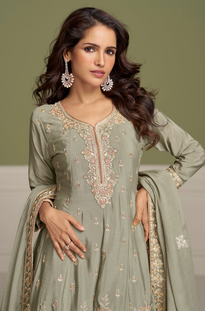 Sage Green Designer Embroidered Party Wear Kurti Style Palazzo Suit-Saira's Boutique