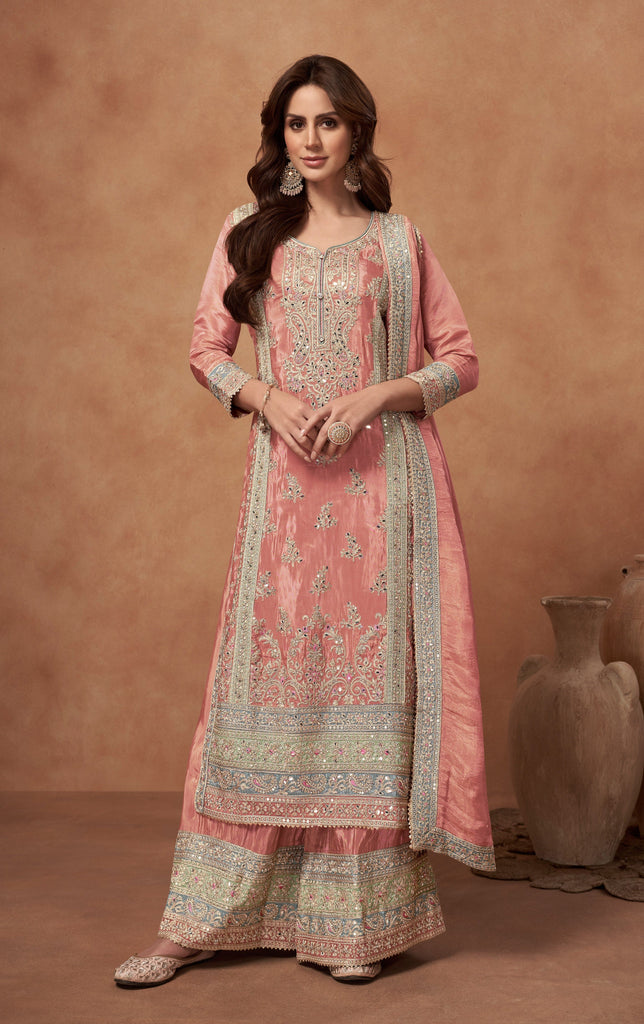 Salmon Pink Designer Embroidered Fancy Silk Party Wear Suit-Saira's Boutique