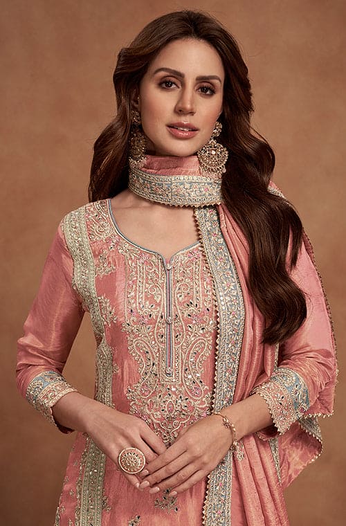 Salmon Pink Designer Embroidered Fancy Silk Party Wear Suit-Saira's Boutique