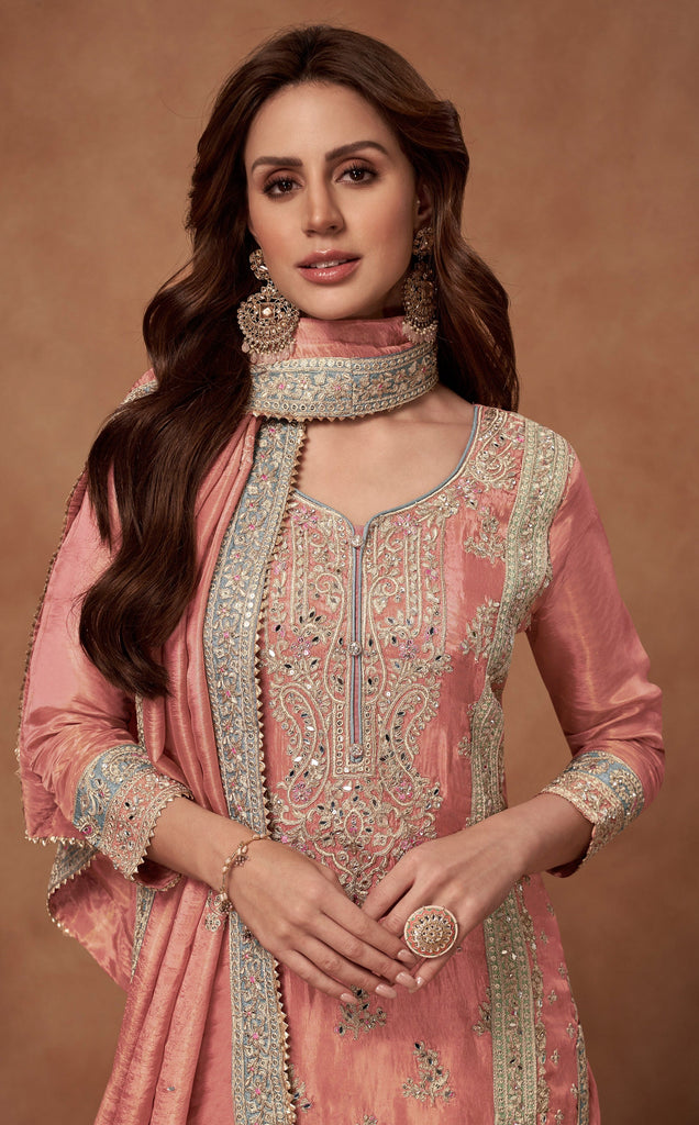 Salmon Pink Designer Embroidered Fancy Silk Party Wear Suit-Saira's Boutique