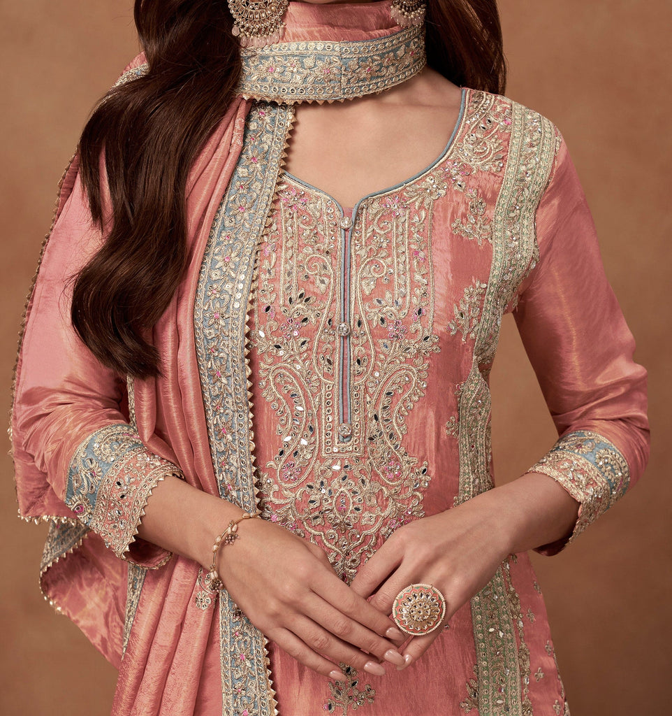 Salmon Pink Designer Embroidered Fancy Silk Party Wear Suit-Saira's Boutique