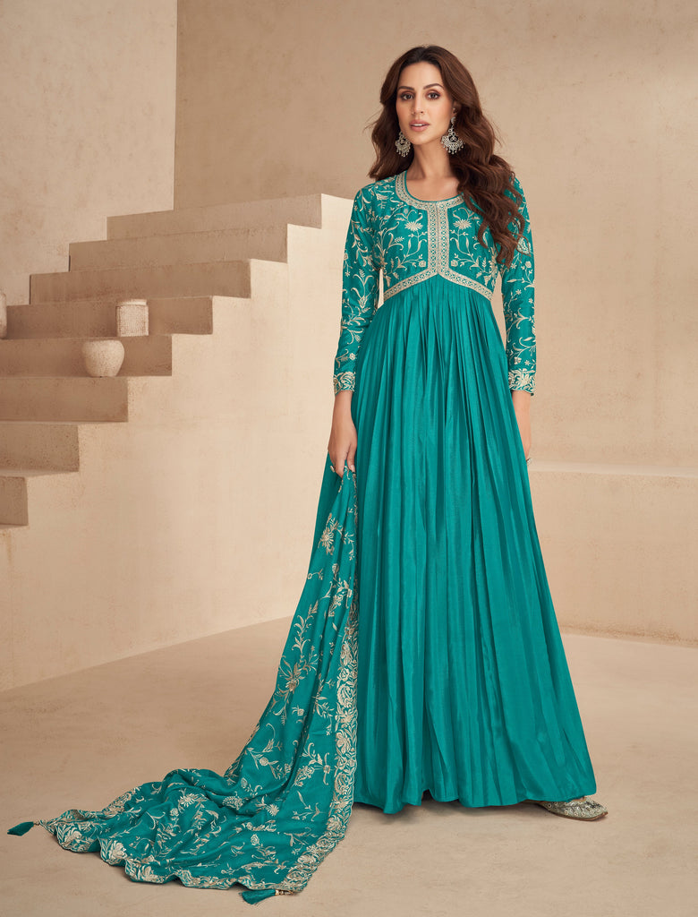 Sea Green Designer Embroidered Chinon Silk Party Wear Anarkali Suit-Saira's Boutique