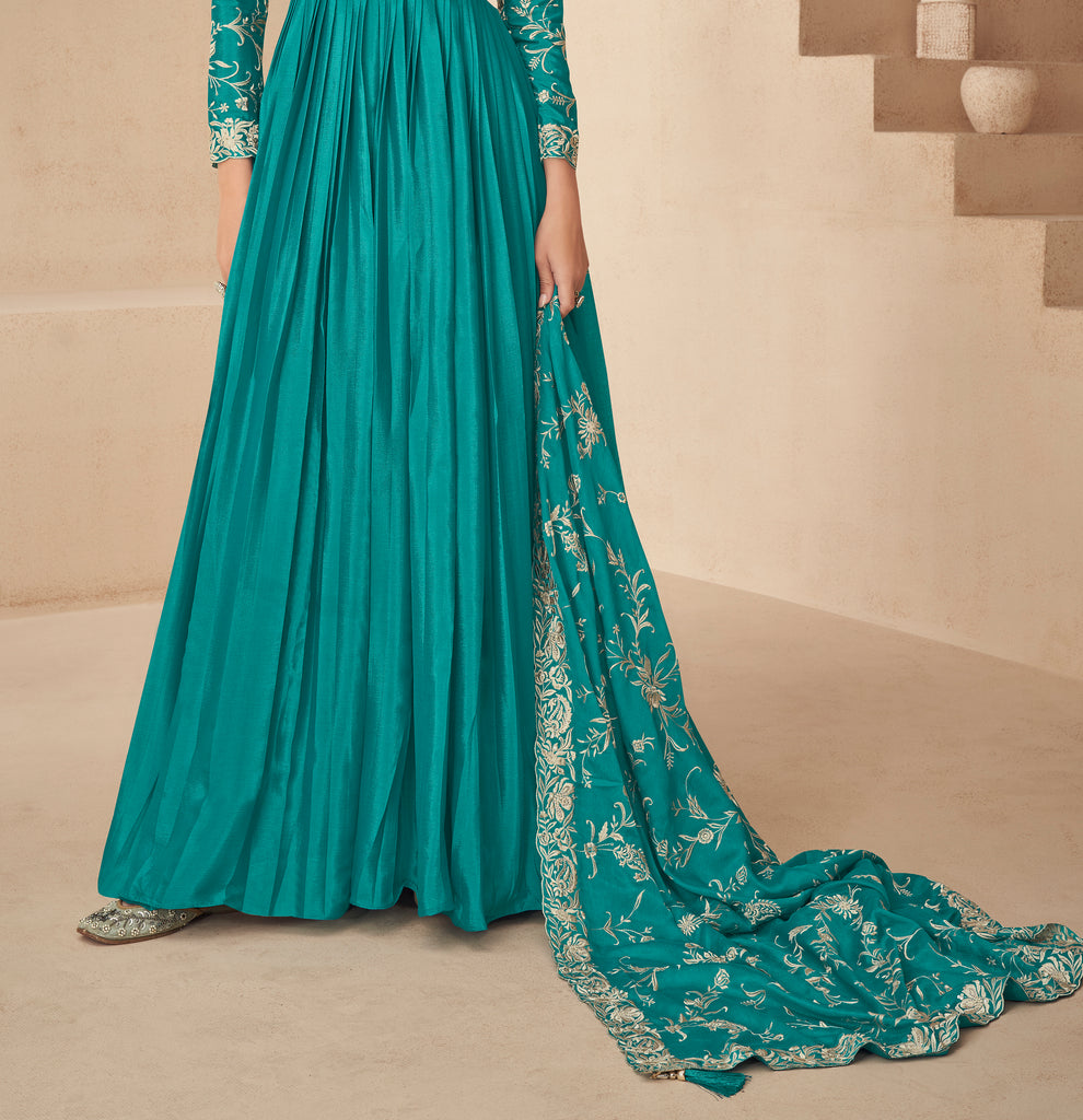 Sea Green Designer Embroidered Chinon Silk Party Wear Anarkali Suit-Saira's Boutique