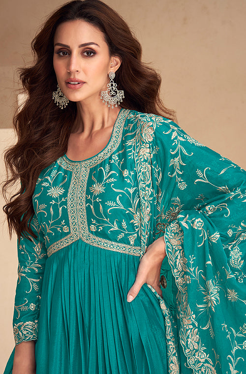 Sea Green Designer Embroidered Chinon Silk Party Wear Anarkali Suit-Saira's Boutique