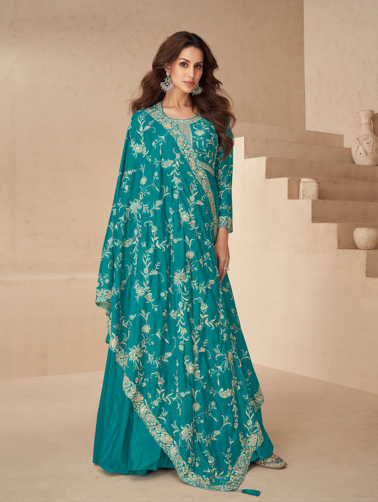 Sea Green Designer Embroidered Chinon Silk Party Wear Anarkali Suit-Saira's Boutique