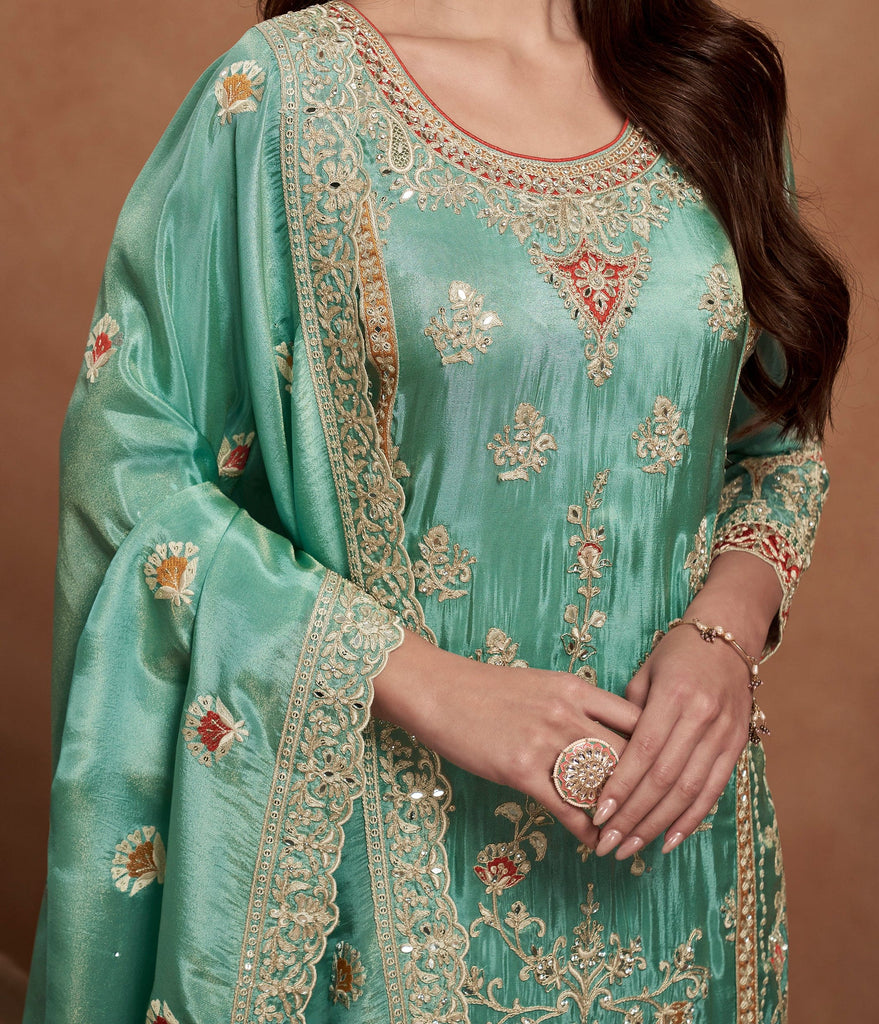 Sea Green Designer Embroidered Fancy Silk Party Wear Suit-Saira's Boutique