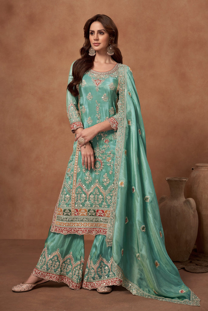 Sea Green Designer Embroidered Fancy Silk Party Wear Suit-Saira's Boutique