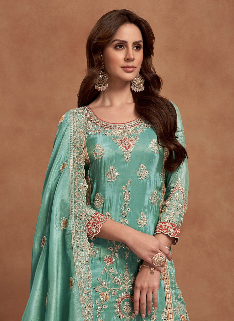 Sea Green Designer Embroidered Fancy Silk Party Wear Suit-Saira's Boutique