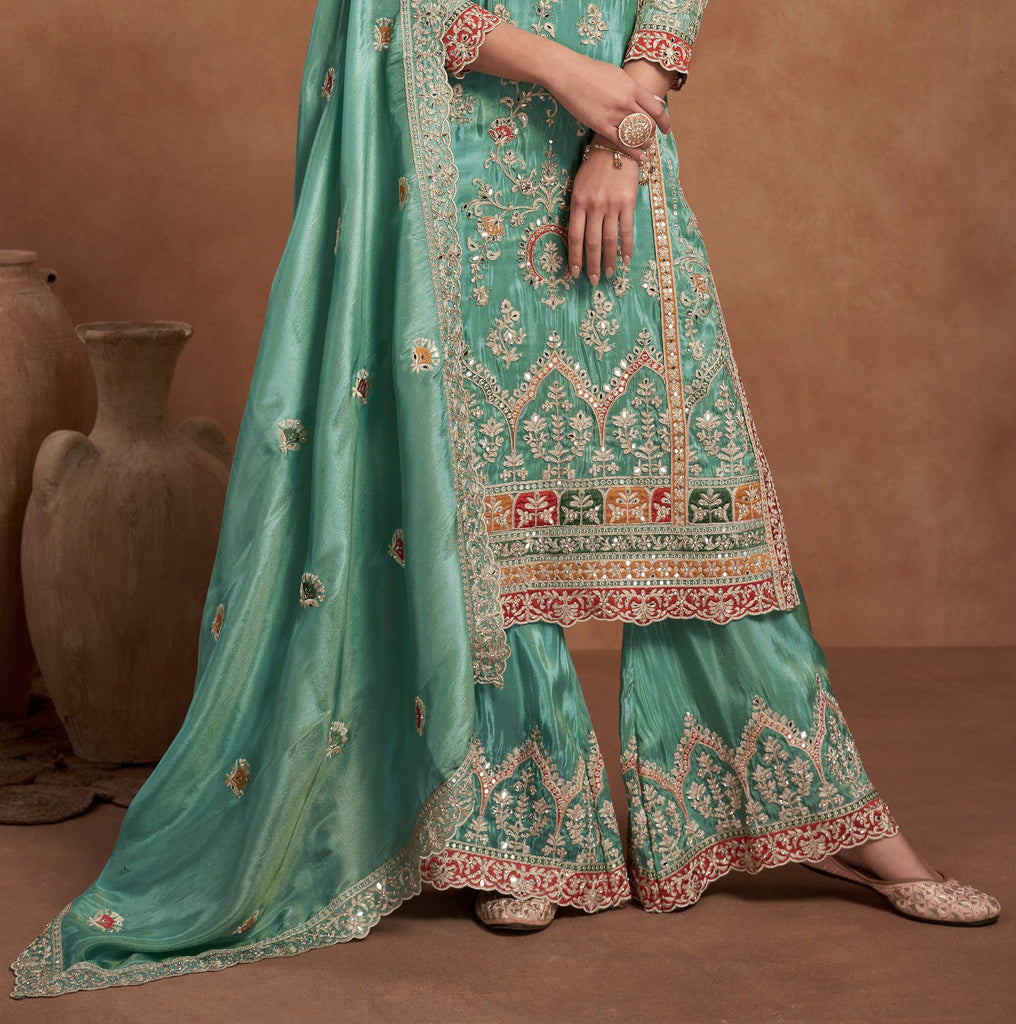 Sea Green Designer Embroidered Fancy Silk Party Wear Suit-Saira's Boutique