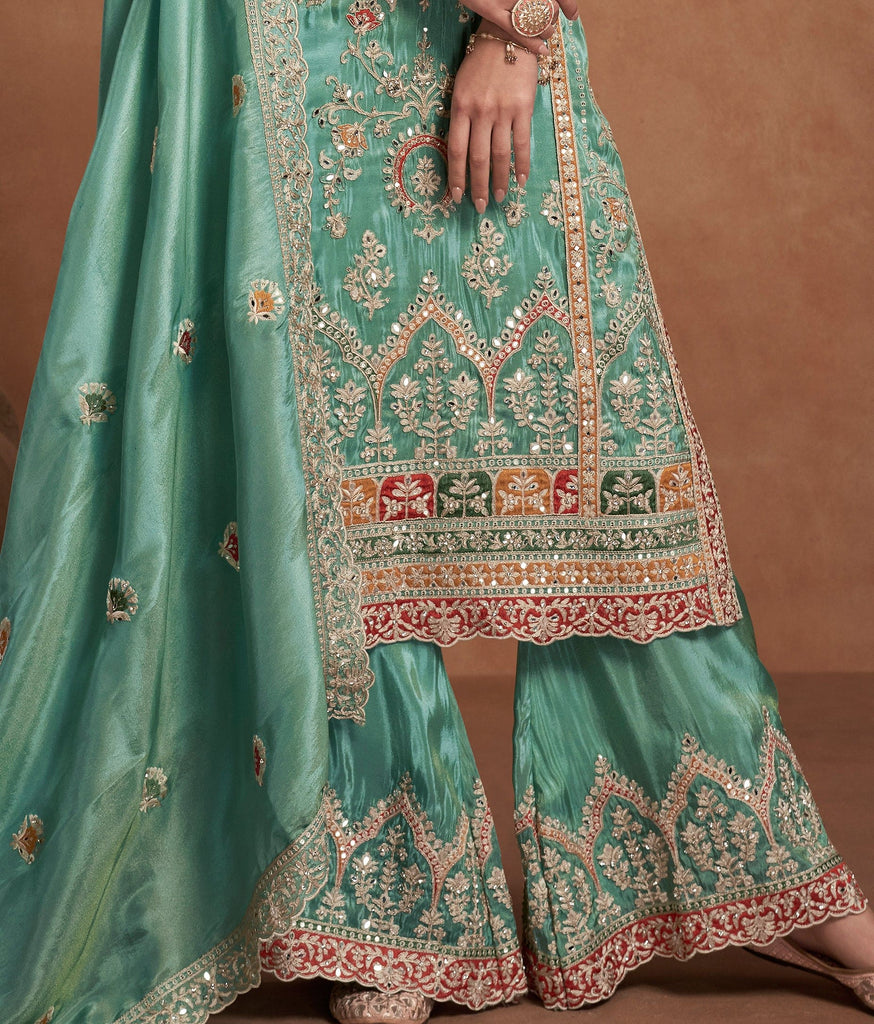 Sea Green Designer Embroidered Fancy Silk Party Wear Suit-Saira's Boutique