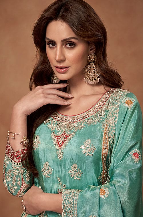 Sea Green Designer Embroidered Fancy Silk Party Wear Suit-Saira's Boutique