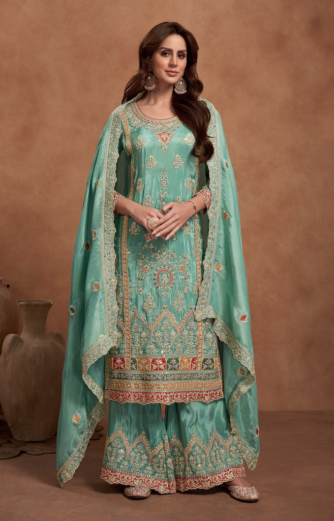 Sea Green Designer Embroidered Fancy Silk Party Wear Suit-Saira's Boutique