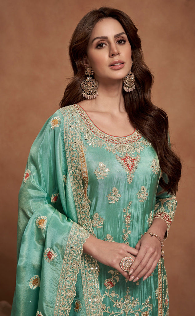 Sea Green Designer Embroidered Fancy Silk Party Wear Suit-Saira's Boutique