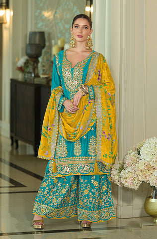 Winter Green Designer Embroidered Chinon Silk Party Wear Palazzo Suit
