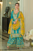 Teal & Mustard Designer Embroidered Chinon Silk Wedding Sharara Suit-Saira's Boutique