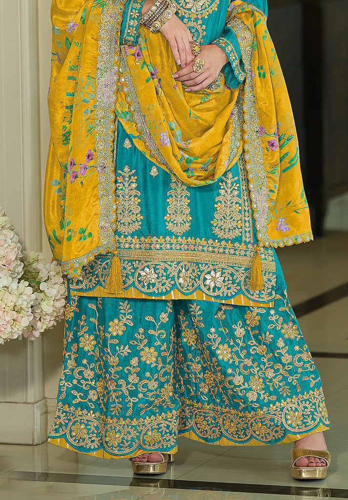 Teal & Mustard Designer Embroidered Chinon Silk Wedding Sharara Suit-Saira's Boutique