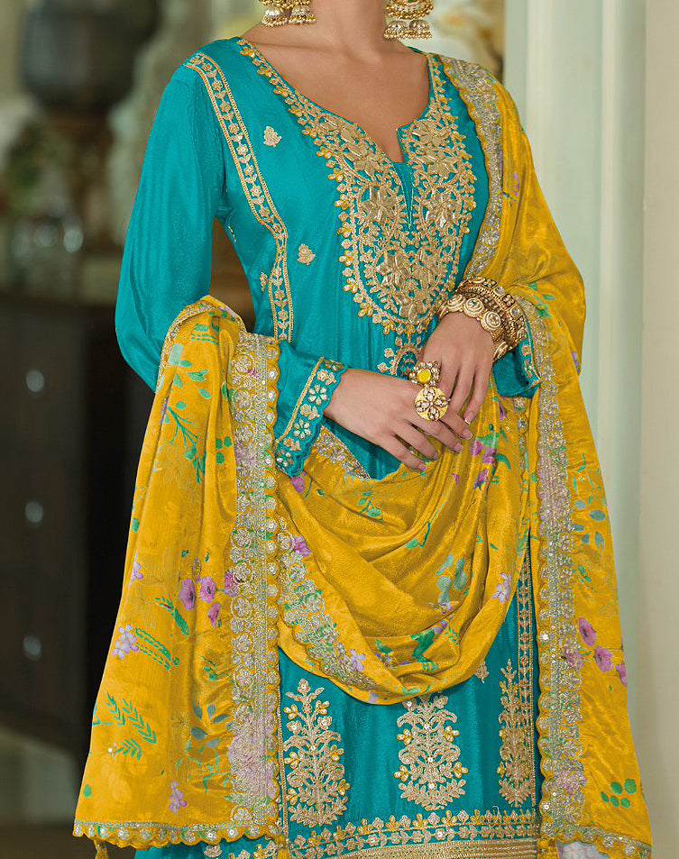 Teal & Mustard Designer Embroidered Chinon Silk Wedding Sharara Suit-Saira's Boutique