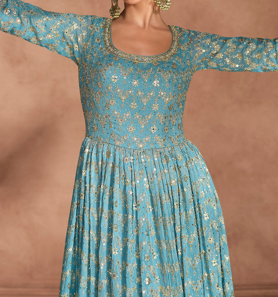 Shaded Blue Designer Heavy Embroidered Pure Georgette Wedding Anarkali Gown-Saira's Boutique