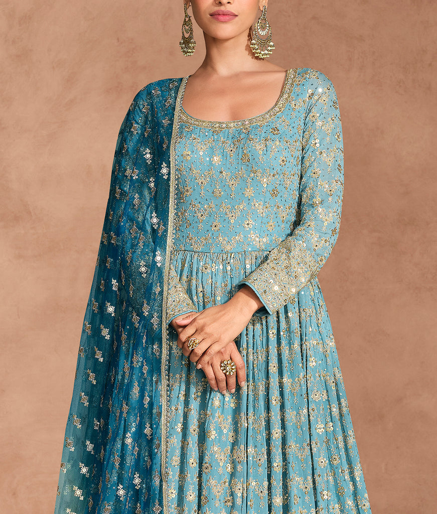 Shaded Blue Designer Heavy Embroidered Pure Georgette Wedding Anarkali Gown-Saira's Boutique