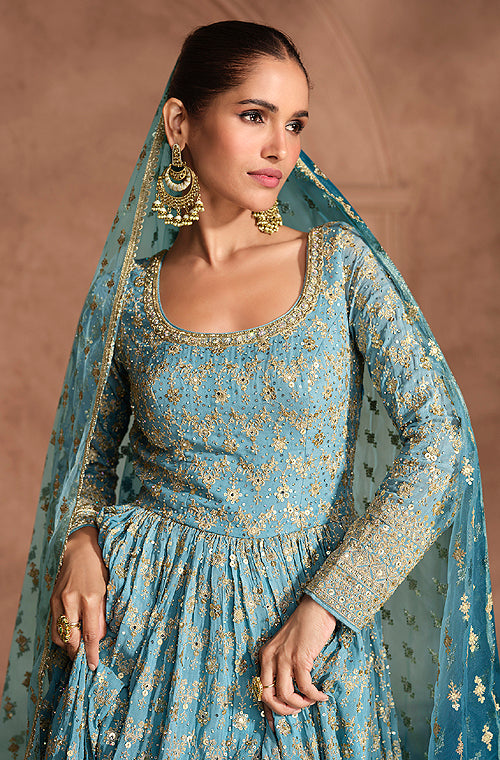 Shaded Blue Designer Heavy Embroidered Pure Georgette Wedding Anarkali Gown-Saira's Boutique