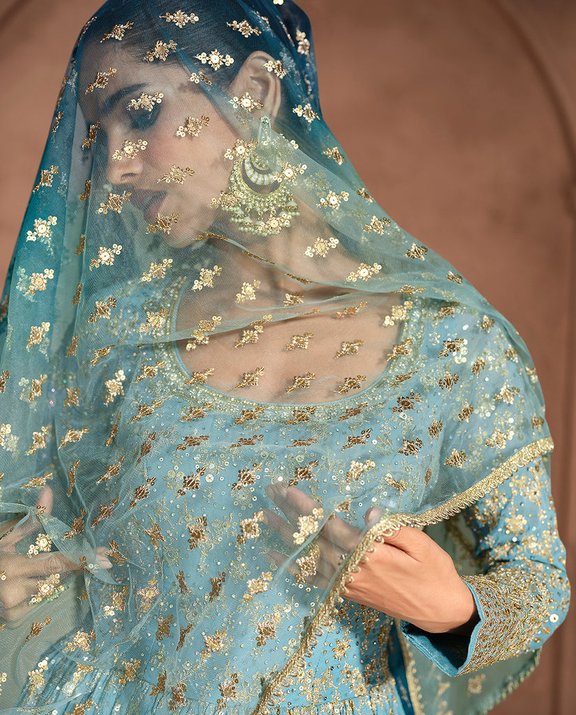 Shaded Blue Designer Heavy Embroidered Pure Georgette Wedding Anarkali Gown-Saira's Boutique