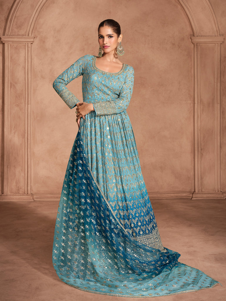 Shaded Blue Designer Heavy Embroidered Pure Georgette Wedding Anarkali Gown-Saira's Boutique