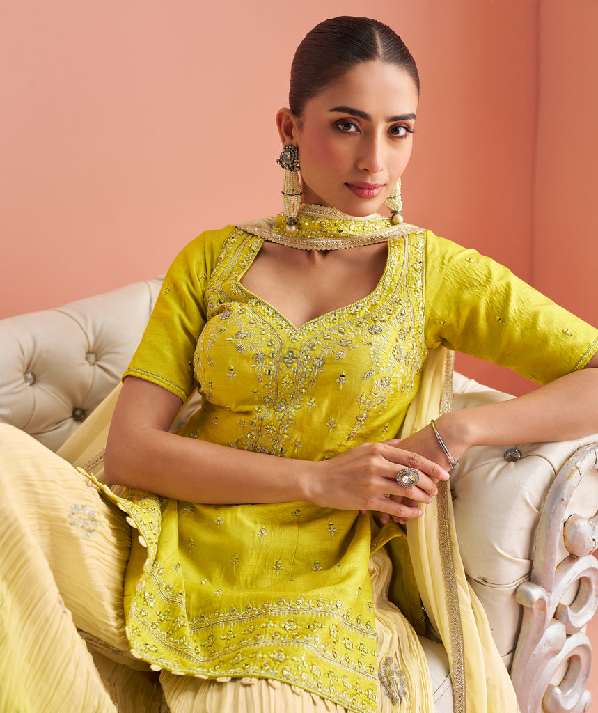 Shaded Citrus Yellow Designer Embroidered Chinon Silk Sharara Suit-Saira's Boutique