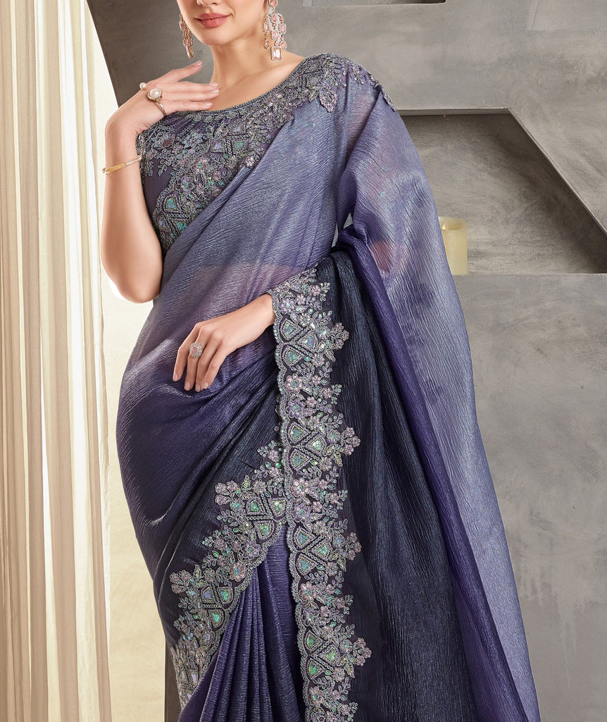 Shaded Dark Purple Designer Embroidered Crush Wedding Party Wear Saree-Saira's Boutique