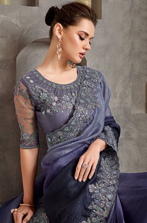 Shaded Dark Purple Designer Embroidered Crush Wedding Party Wear Saree-Saira's Boutique
