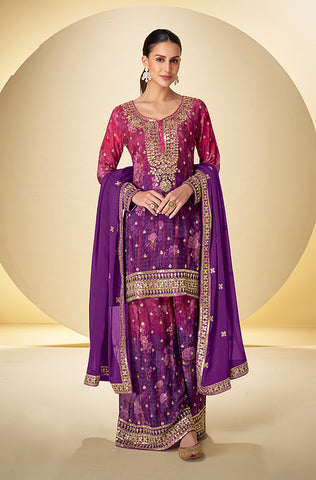 Winter Green Designer Embroidered Chinon Silk Party Wear Palazzo Suit