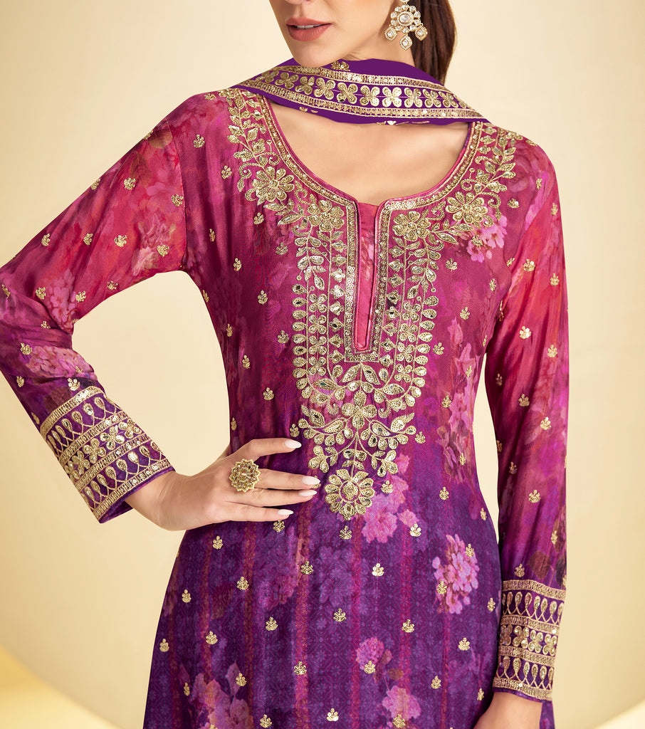 Shaded Magenta Purple Designer Embroidered Chinon Silk Sharara Suit-Saira's Boutique