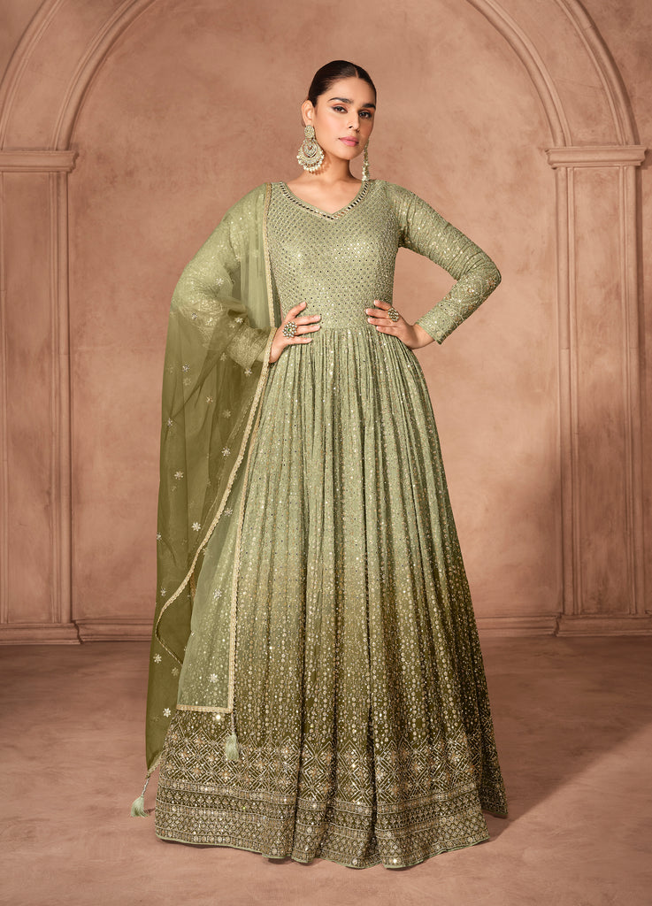 Shaded Olive Designer Heavy Embroidered Pure Georgette Wedding Anarkali Gown-Saira's Boutique