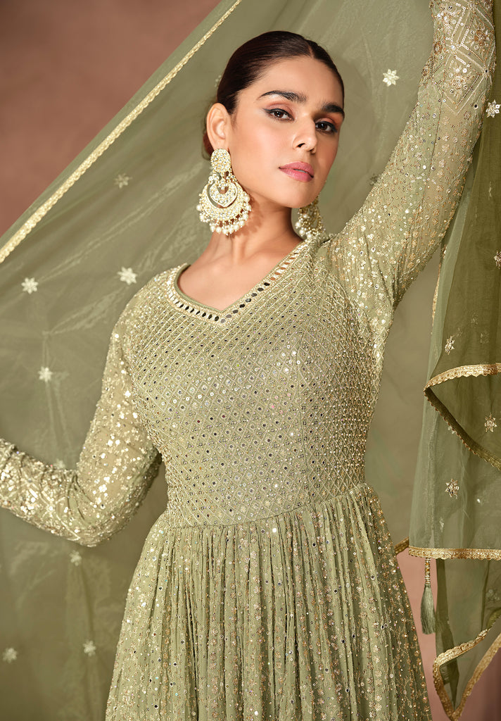 Shaded Olive Designer Heavy Embroidered Pure Georgette Wedding Anarkali Gown-Saira's Boutique