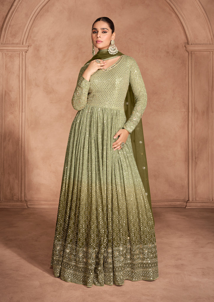 Shaded Olive Designer Heavy Embroidered Pure Georgette Wedding Anarkali Gown-Saira's Boutique