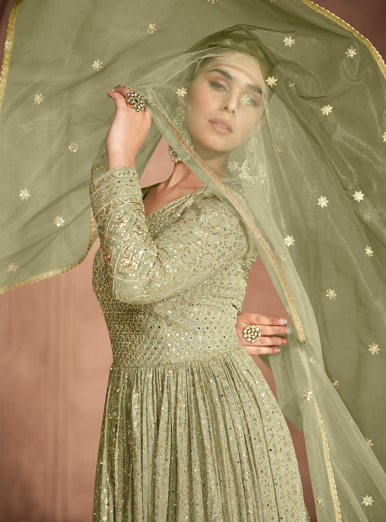 Shaded Olive Designer Heavy Embroidered Pure Georgette Wedding Anarkali Gown-Saira's Boutique
