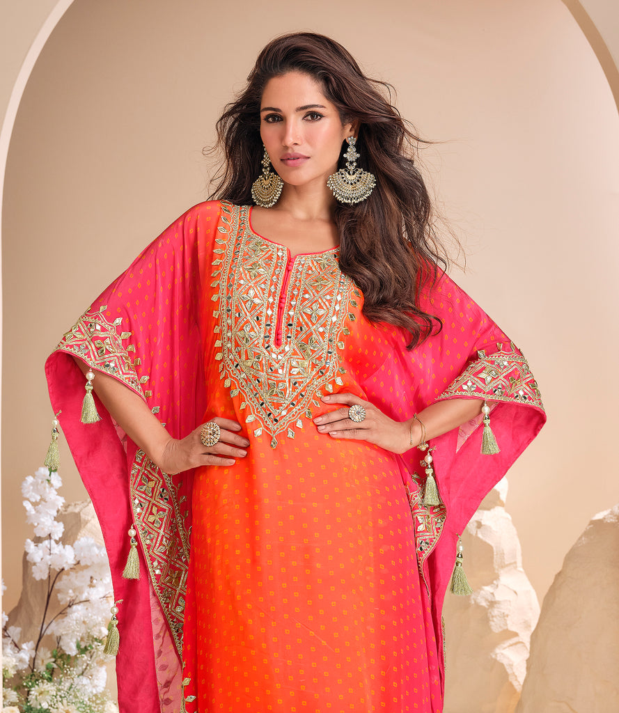 Shaded Orange Designer Embroidered Crepe Silk Party Wear Kaftan Suit-Saira's Boutique