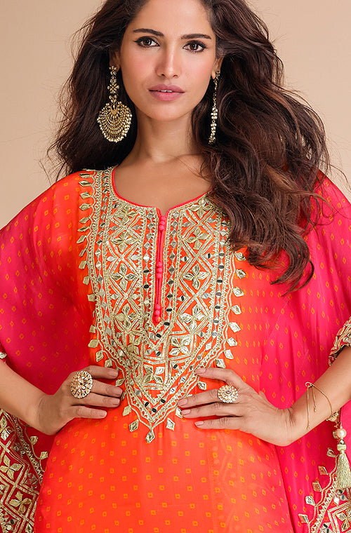 Shaded Orange Designer Embroidered Crepe Silk Party Wear Kaftan Suit-Saira's Boutique