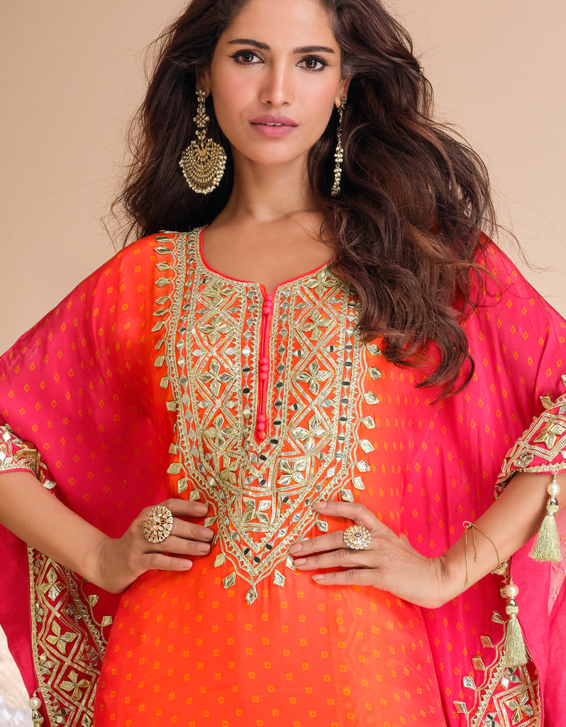 Shaded Orange Designer Embroidered Crepe Silk Party Wear Kaftan Suit-Saira's Boutique