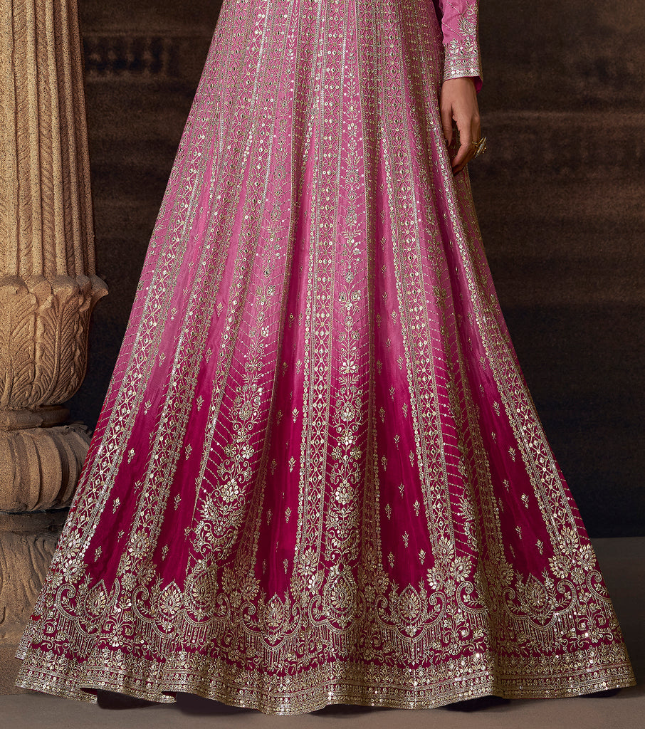Shaded Pink Designer Heavy Embroidered Pure Georgette Wedding Anarkali Gown-Saira's Boutique