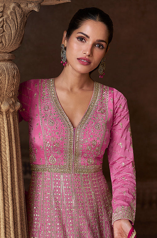 Shaded Pink Designer Heavy Embroidered Pure Georgette Wedding Anarkali Gown-Saira's Boutique
