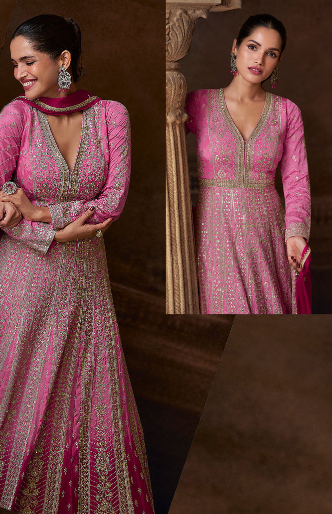 Shaded Pink Designer Heavy Embroidered Pure Georgette Wedding Anarkali Gown-Saira's Boutique