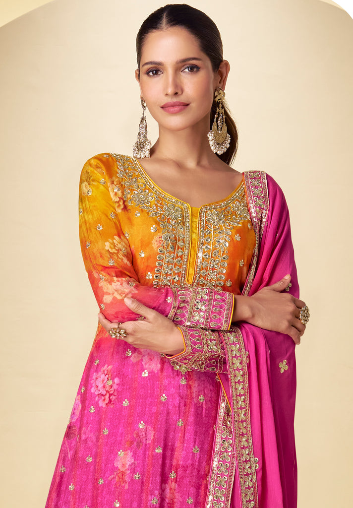 Shaded Pink Yellow Designer Embroidered Chinon Silk Sharara Suit-Saira's Boutique